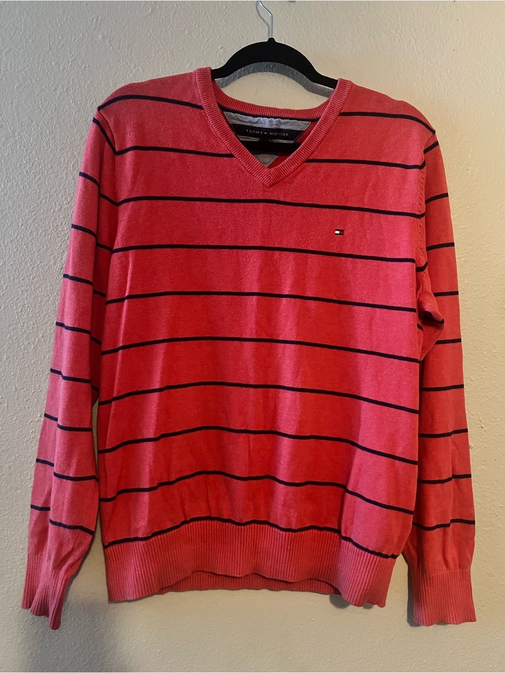 Tommy Hilfiger Men's Coral Red V-Neck Sweater with Navy Stripes